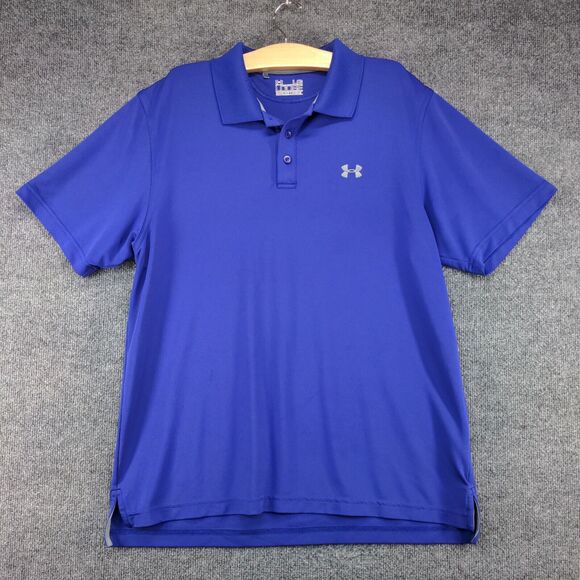 Under Armour Men's Polo Shirt Blue Large Loose Heatgear Logo Short Sleeve - Picture 2 of 16